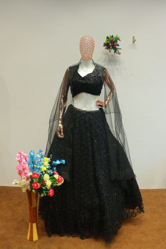 Black Net Crop-Top With Hand Work