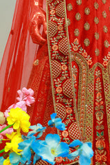 Red Velvet Bridal Lehenga With Embroidery Work