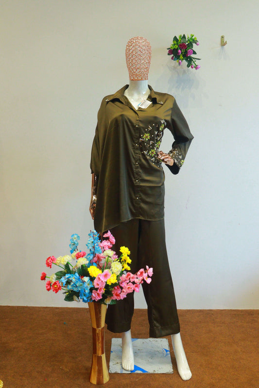 Mehendi Green Satin Silk Cord-Set With Moti Hand Work