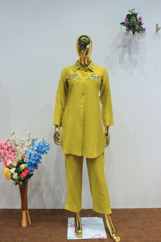 Yellow Vichitra Silk Cord-Set With Hand Work