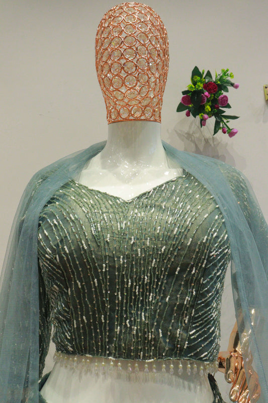 Green Crush Crop-Top With Moti Hand Work Blouse