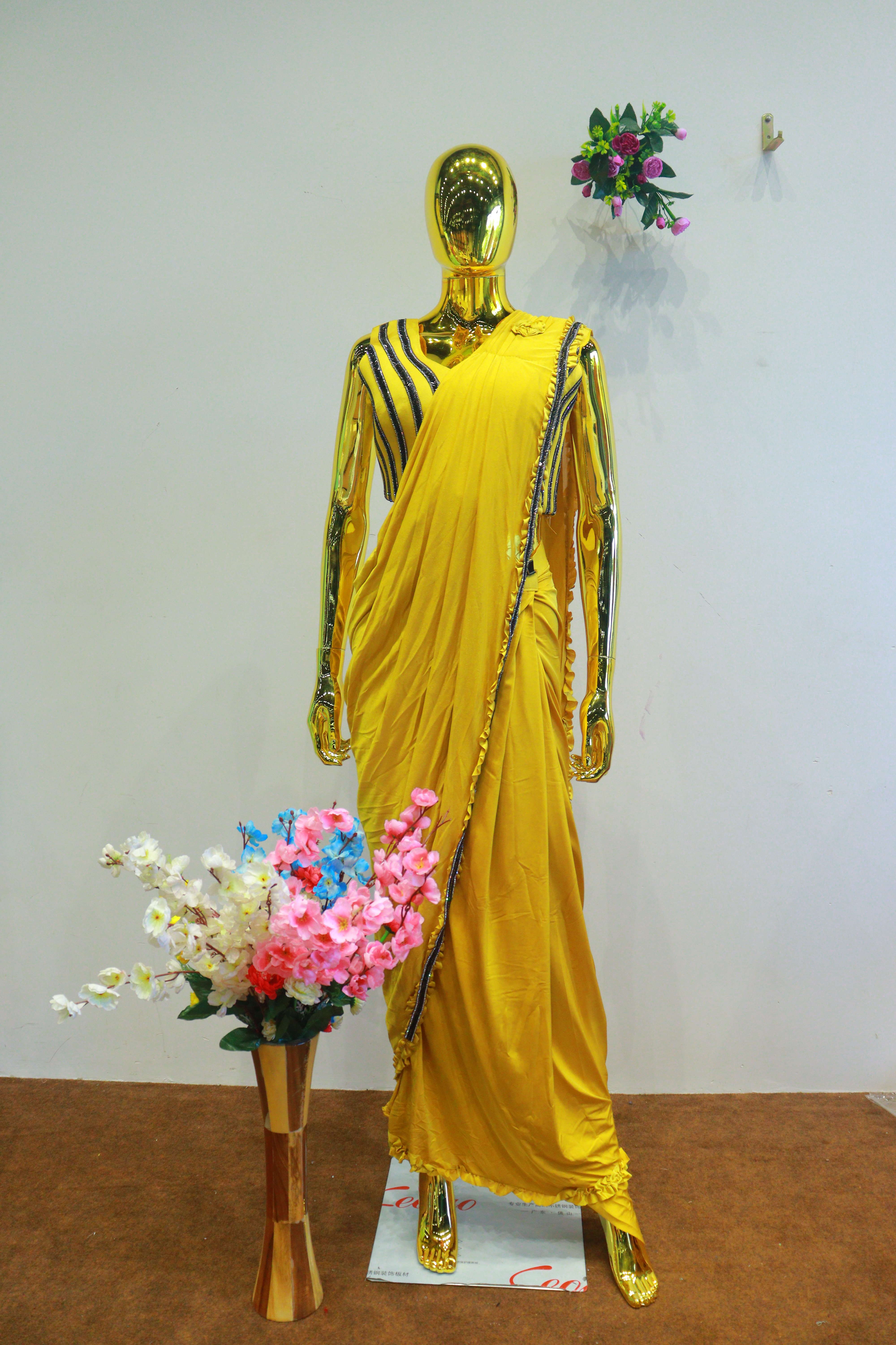 Yellow China Silk Ready To Wear Saree With Hand Work Blouse