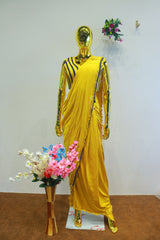 Yellow China Silk Ready To Wear Saree With Hand Work Blouse