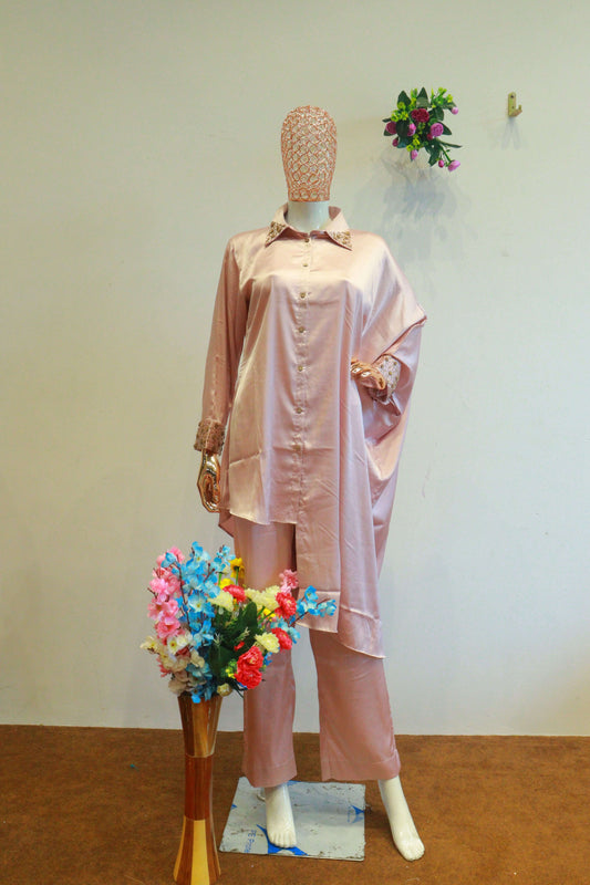 Peach Satin Silk Cord-Set With Diamond Work