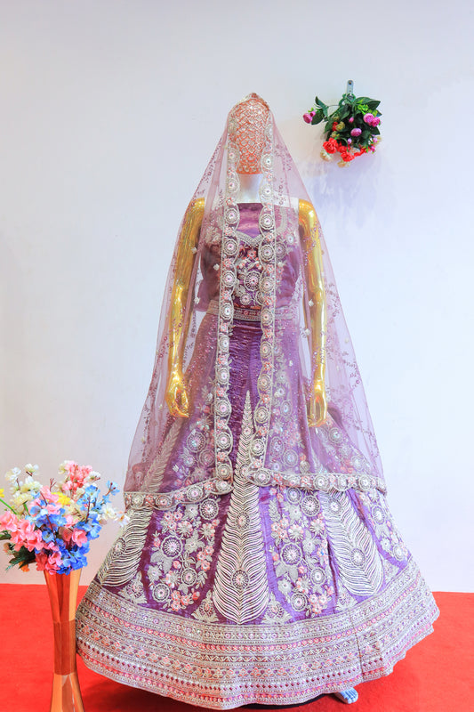 Purple Silk Lehenga with Embroidery and Moti Detailing