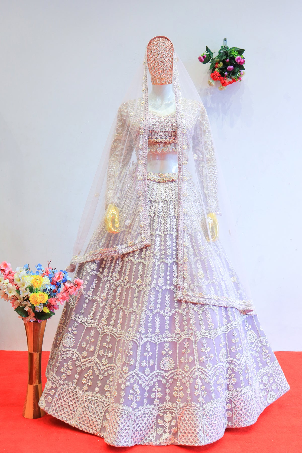 Beige Net Lehenga with Moti Work