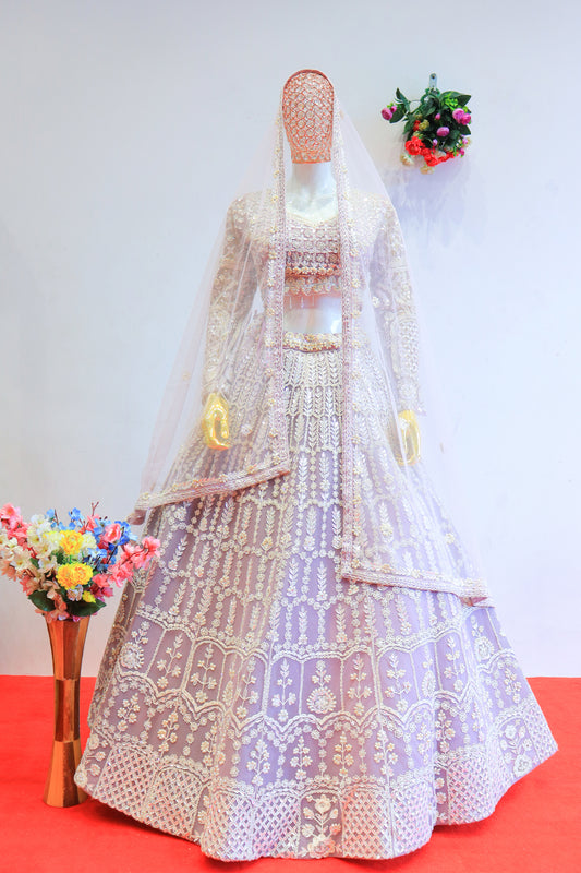 Beige Net Lehenga with Moti Work
