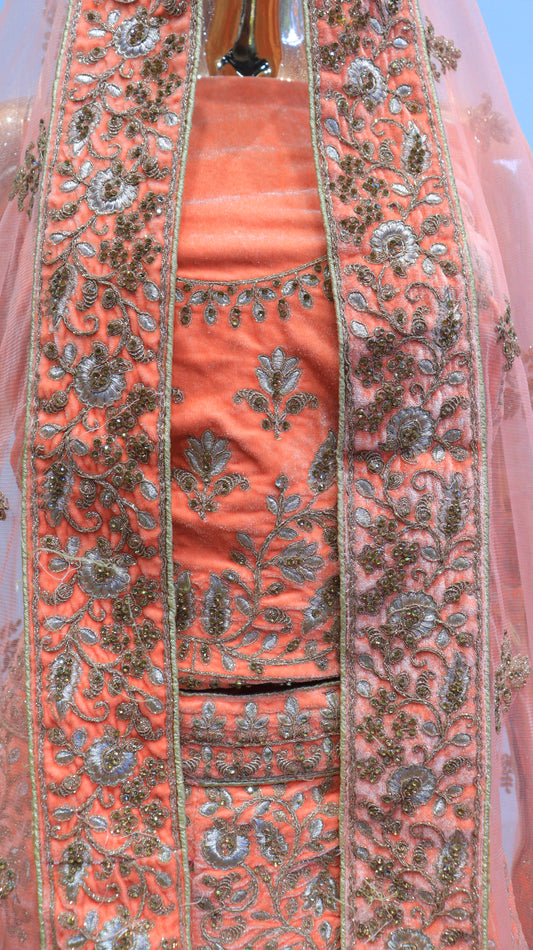 Peach Velvet Lehenga With Silver Work