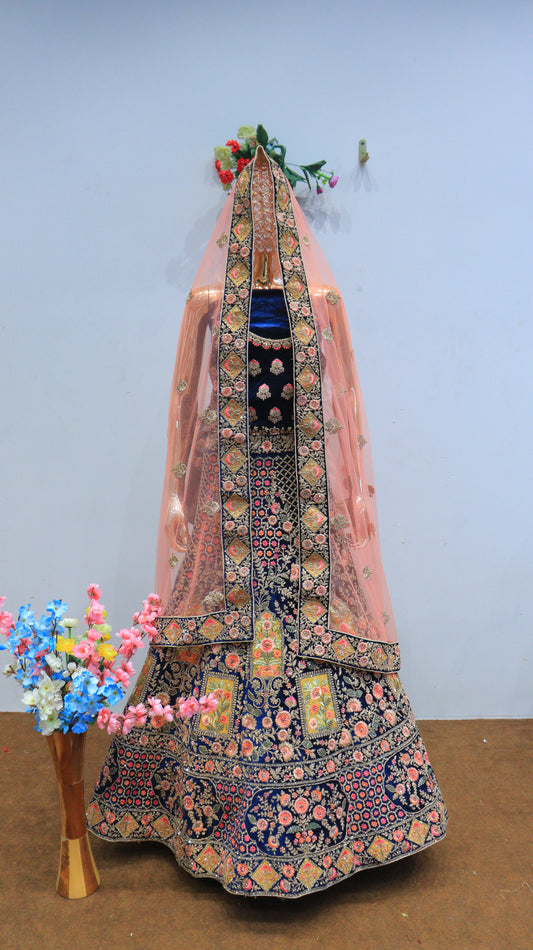Royal Blue Velvet Lehenga With Embroidery Work