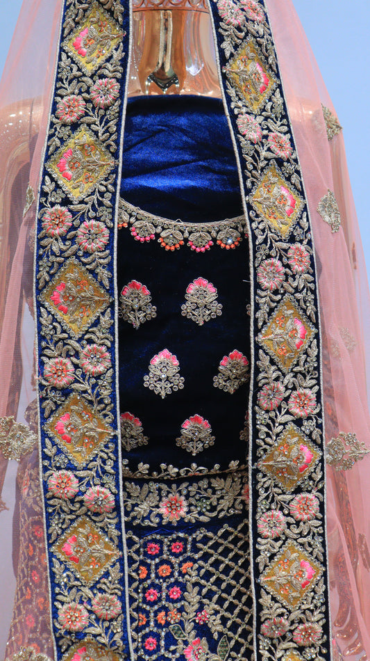 Royal Blue Velvet Lehenga With Embroidery Work