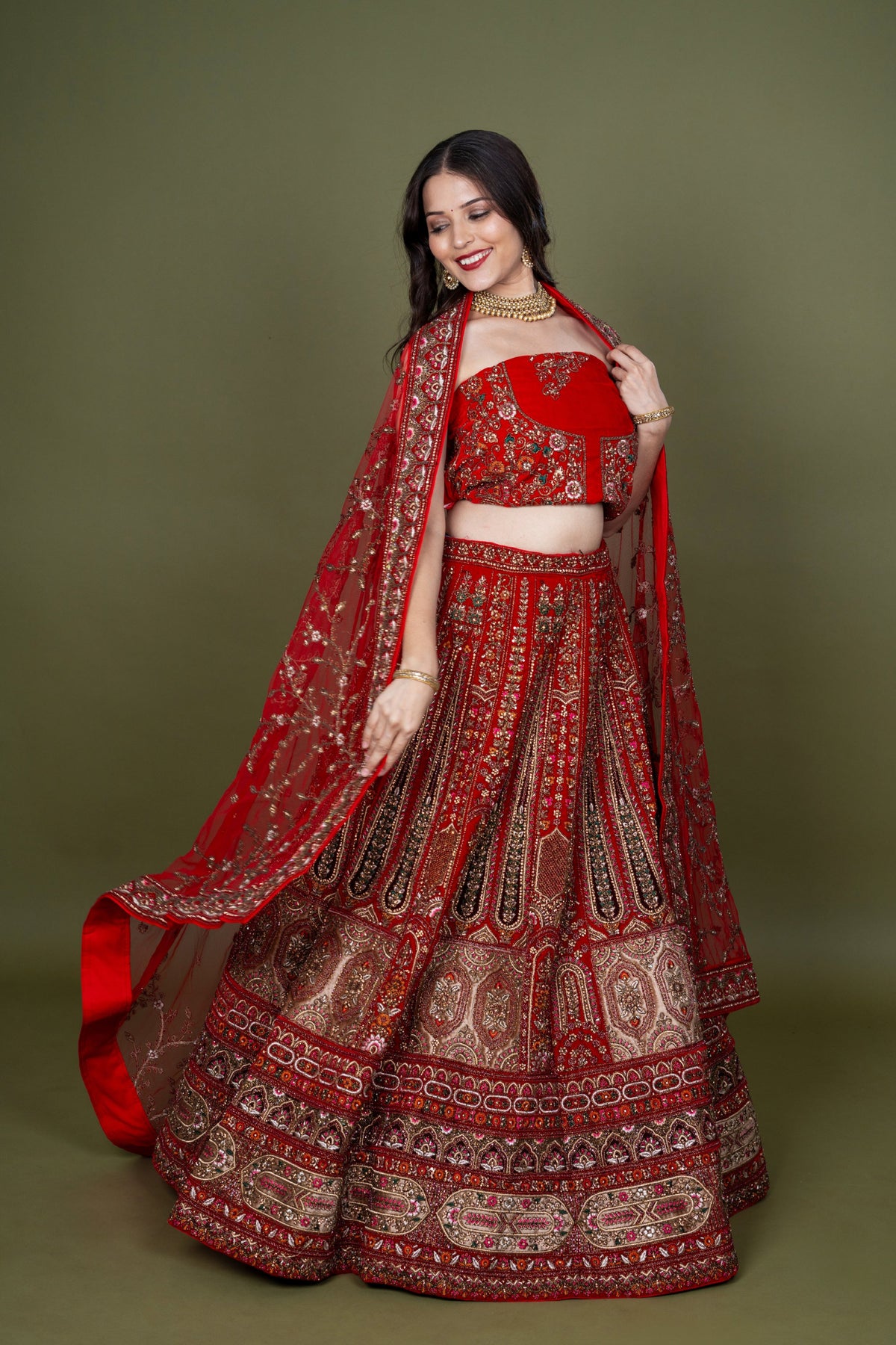 Multi Velvet Bridal Lehenga With Embroidery Work