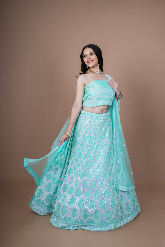 Green Net Moti Hand Work Lehenga With Duppata
