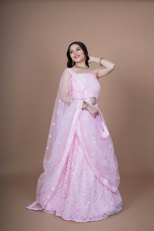 Baby Pink Net Moti Hand Work Lehenga With Duppata