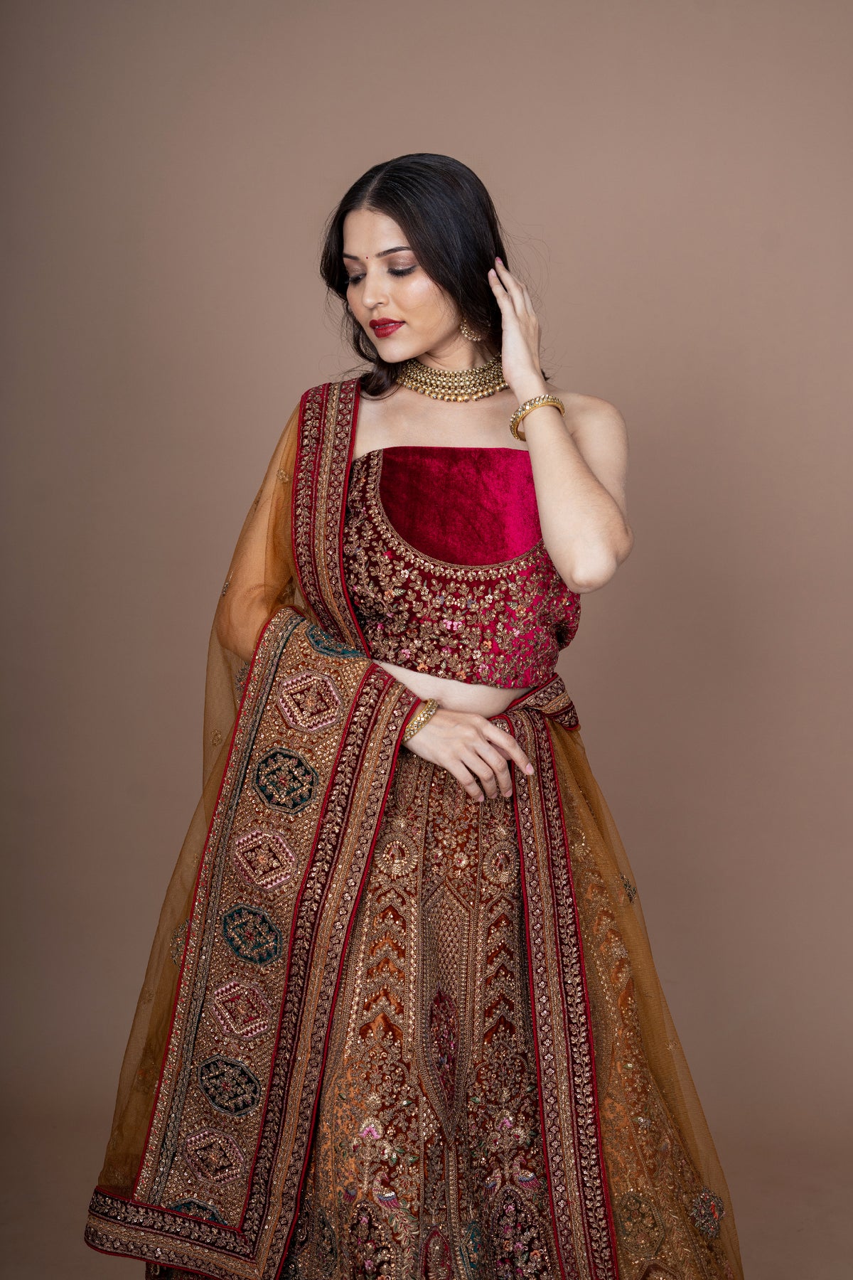 Multi Velvet Bridal Lehenga With Embroidery Work