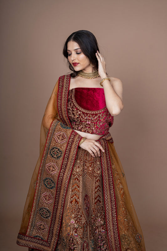 Multi Velvet Bridal Lehenga With Embroidery Work