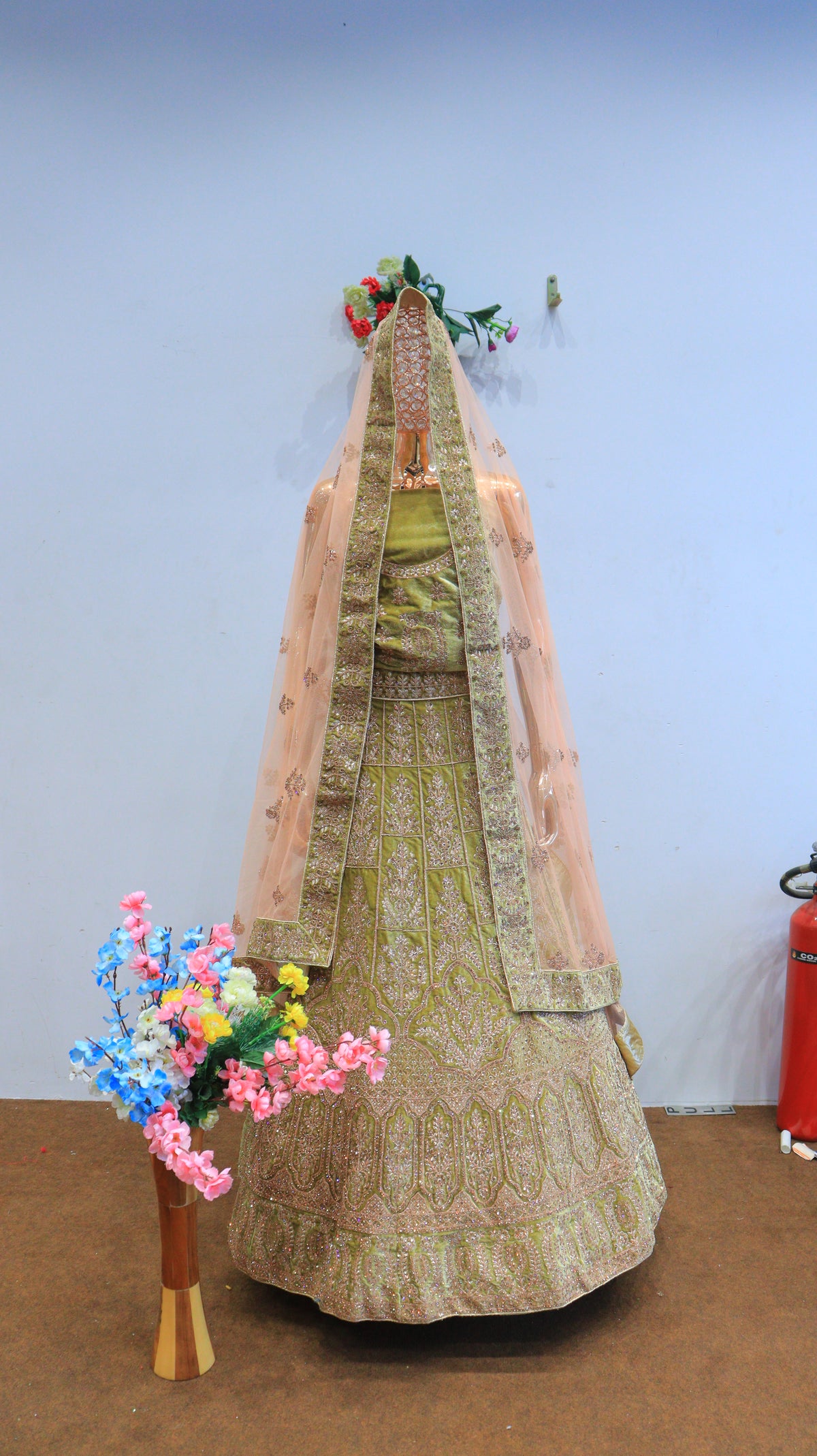 Green Velvet Lehenga With Copper Jarkan Work
