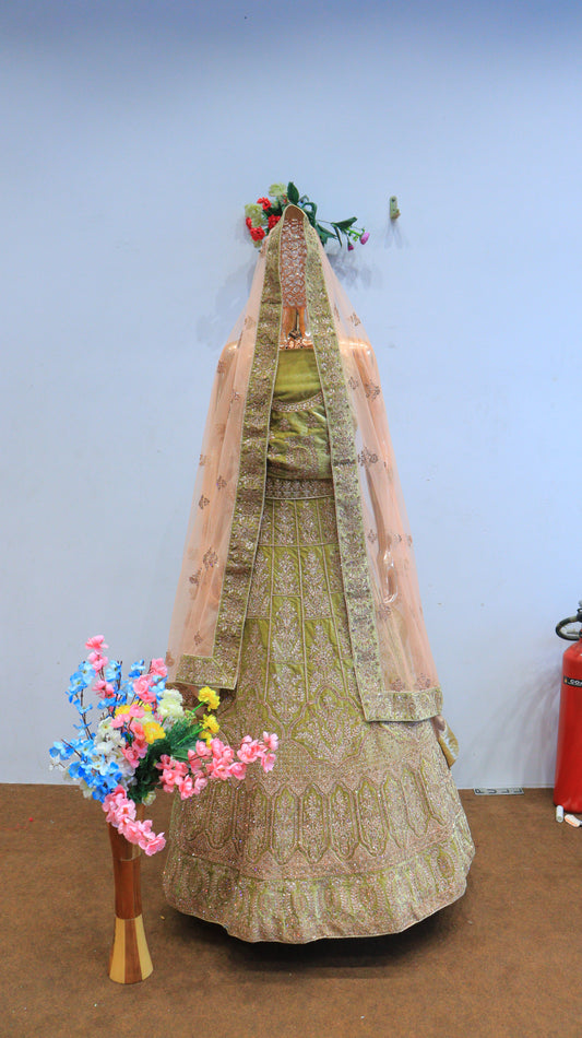 Green Velvet Lehenga With Copper Jarkan Work