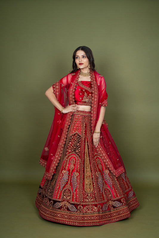 Multi Velvet Embroidery Bridal Lehenga With Figure Work