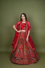 Multi Velvet Embroidery Bridal Lehenga With Figure Work