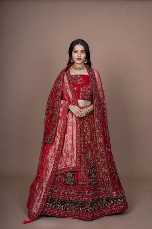 Cherry Red Velvet Bridal Lehenga With Embroidery Work