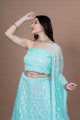 Green Net Moti Hand Work Lehenga With Duppata
