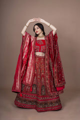 Cherry Red Velvet Bridal Lehenga With Embroidery Work