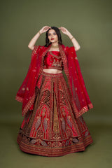 Multi Velvet Embroidery Bridal Lehenga With Figure Work