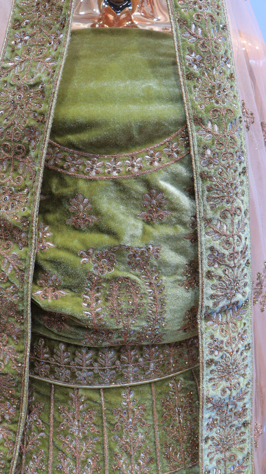 Green Velvet Lehenga With Copper Jarkan Work