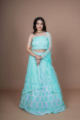 Green Net Moti Hand Work Lehenga With Duppata