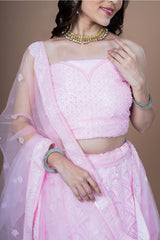 Baby Pink Net Moti Hand Work Lehenga With Duppata