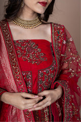 Cherry Red Velvet Bridal Lehenga With Embroidery Work