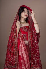 Cherry Red Velvet Bridal Lehenga With Embroidery Work