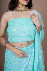 Green Net Moti Hand Work Lehenga With Duppata