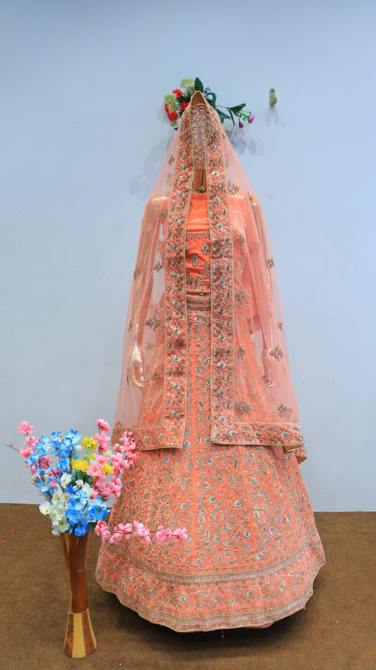 Peach Velvet Lehenga With Silver Work