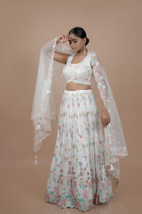 White Georgette Flower Print Crop-top With  Fancy blouse Moti & Hand Work