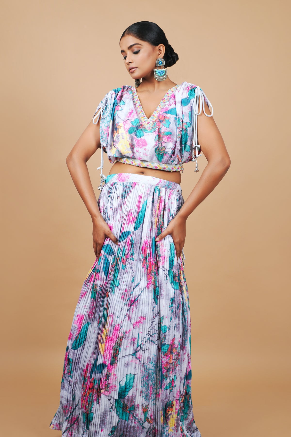 Multi Colour Digital Print Crop-top With Fancy Blouse