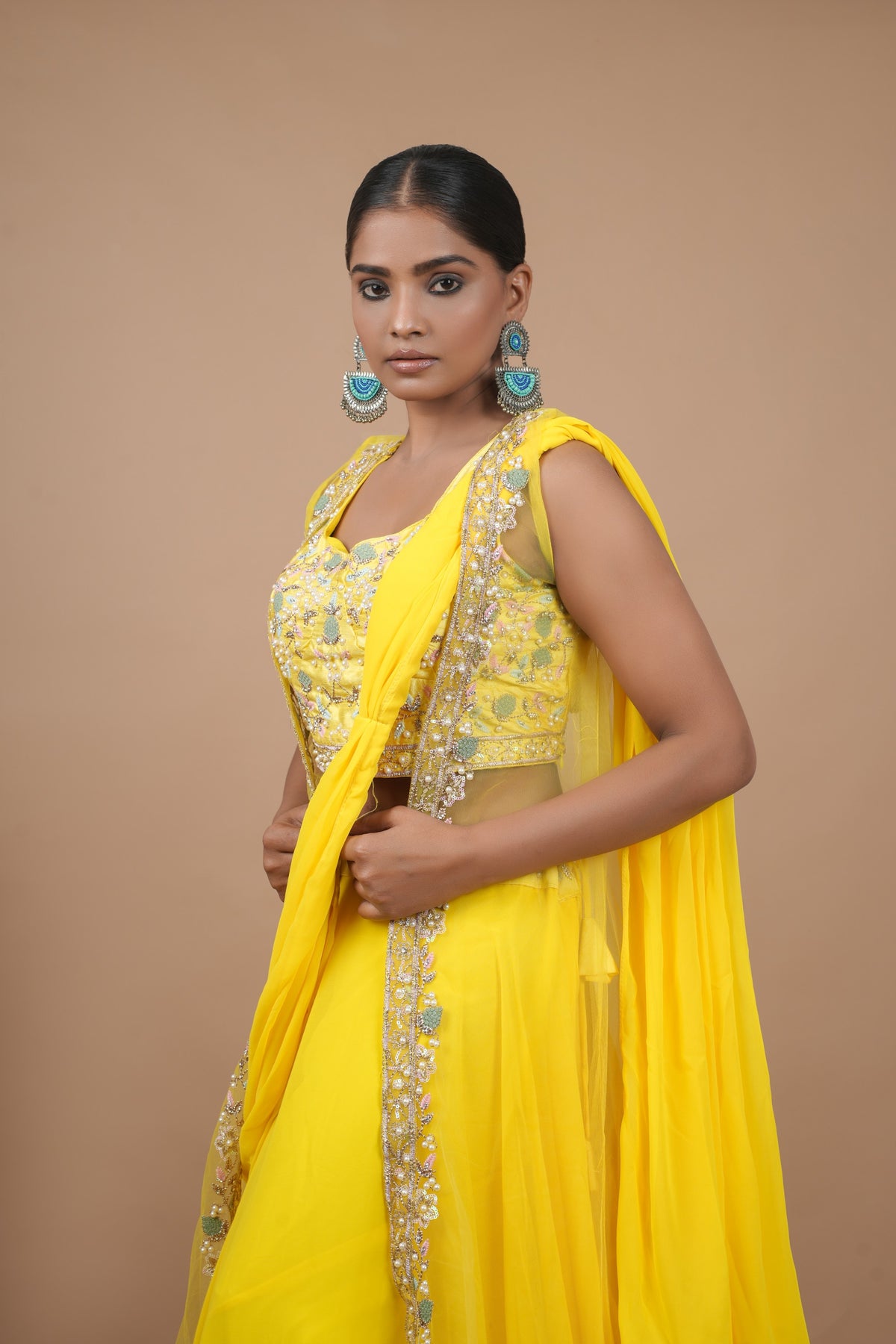Yellow Georgette Crop-top With Moti Hand Work