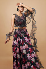 Black Organza Flower Print Crop-Top With Fancy Bouse & Moti Work