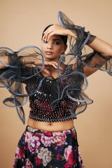 Black Organza Flower Print Crop-Top With Fancy Bouse & Moti Work