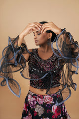 Black Organza Flower Print Crop-Top With Fancy Bouse & Moti Work