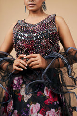 Black Organza Flower Print Crop-Top With Fancy Bouse & Moti Work