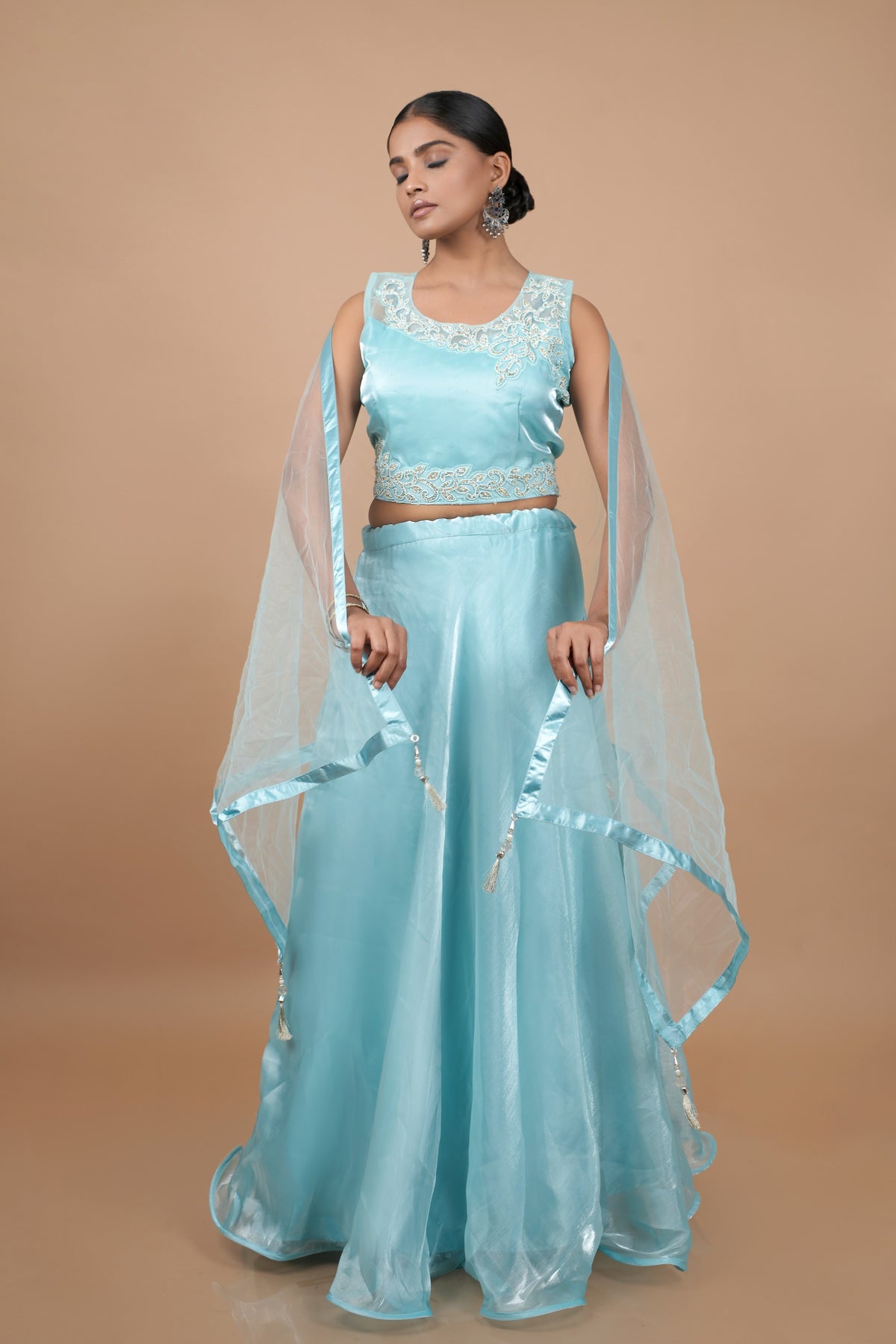 Sky Blue Jimmy Choo Crop-top With Moti Hand Work