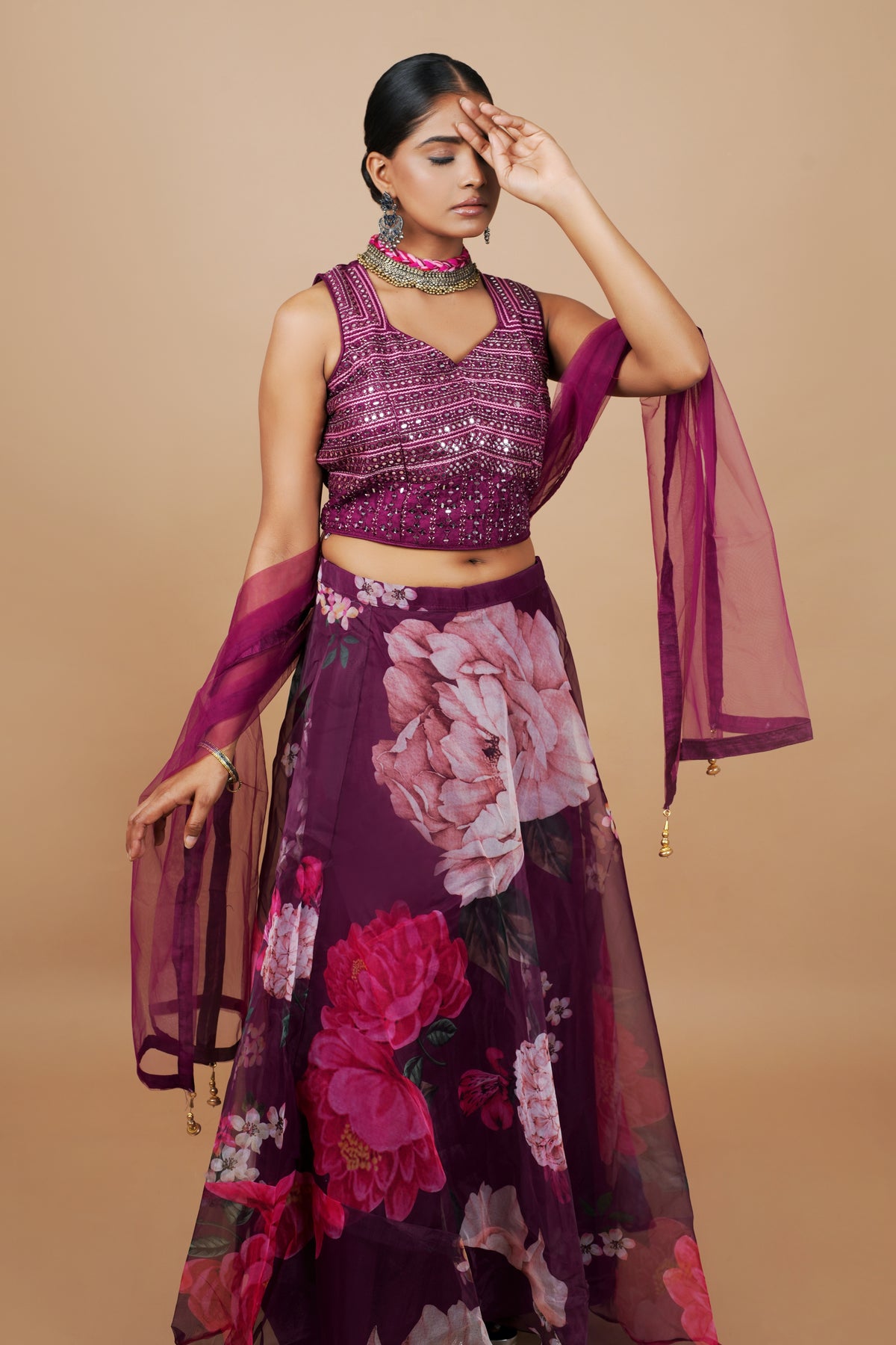 Purple Georgette Crop-top With Fancy Blouse & Embroidery Work