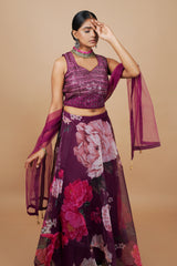 Purple Georgette Crop-top With Fancy Blouse & Embroidery Work