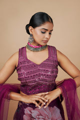 Purple Georgette Crop-top With Fancy Blouse & Embroidery Work