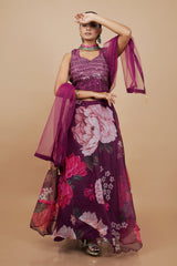 Purple Georgette Crop-top With Fancy Blouse & Embroidery Work