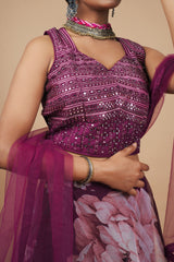 Purple Georgette Crop-top With Fancy Blouse & Embroidery Work