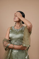 Green Jimmy Choo Crop-top With Moti Hand Work