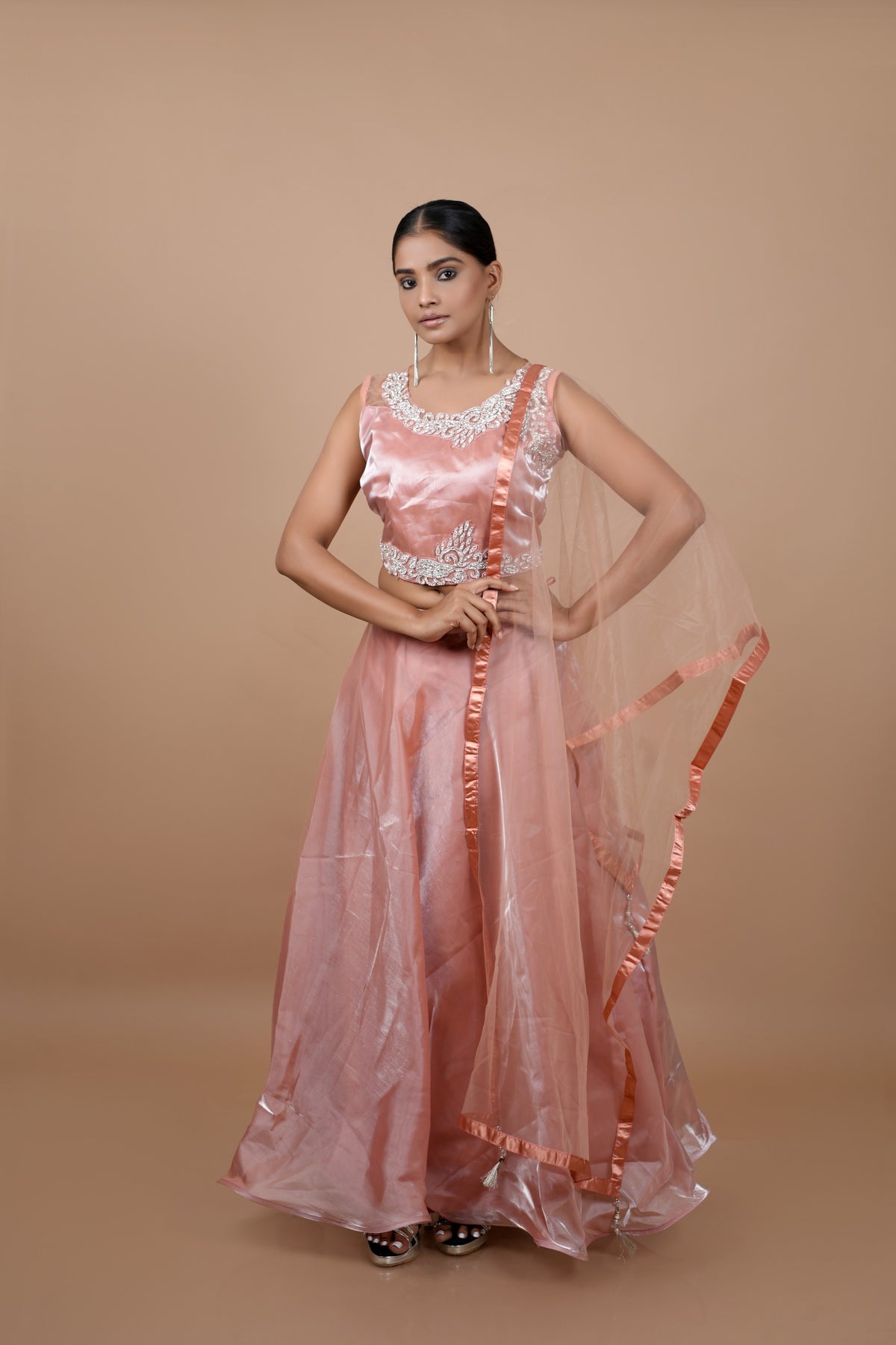 Peach Jimmy Choo Crop-top With Moti Hand Work
