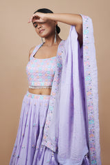 Purple Georgette Crop-top With Fancy Blouse & Embroidery Work